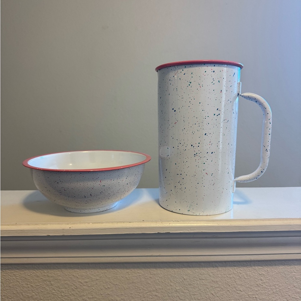 Thirstystone Enamel Pastel Speckles Pitcher & Bowl Set Modern Contemporary NEW